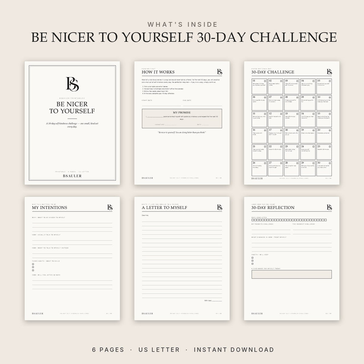 All 6 pages of the Be Nicer to Yourself 30-Day Challenge printable PDF
