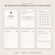 All 6 pages of the Be Nicer to Yourself 30-Day Challenge printable PDF