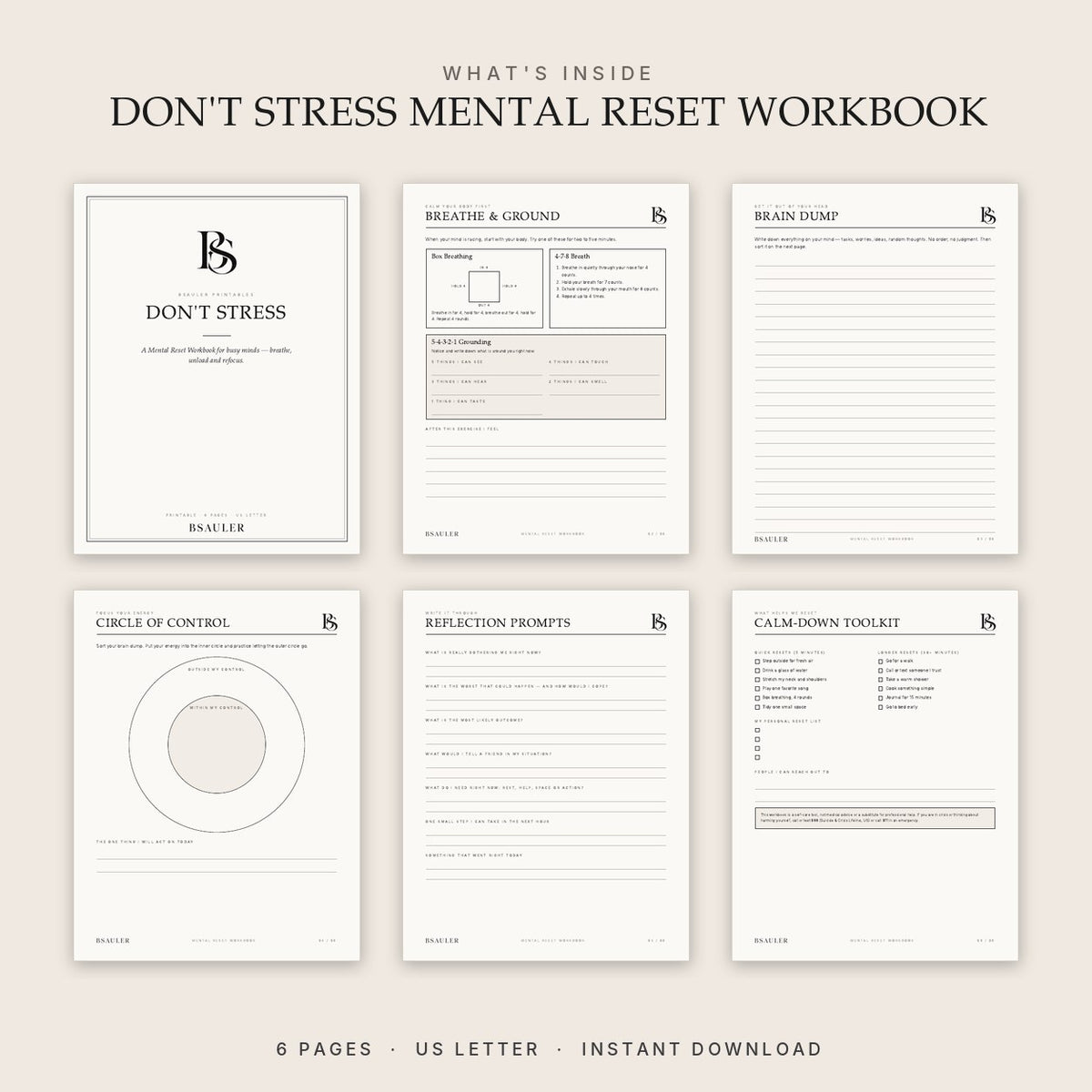 All 6 pages of the Don't Stress Mental Reset Workbook printable PDF