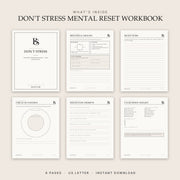 All 6 pages of the Don't Stress Mental Reset Workbook printable PDF