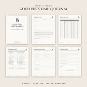 All 6 pages of the Good Vibes Daily Journal printable PDF
