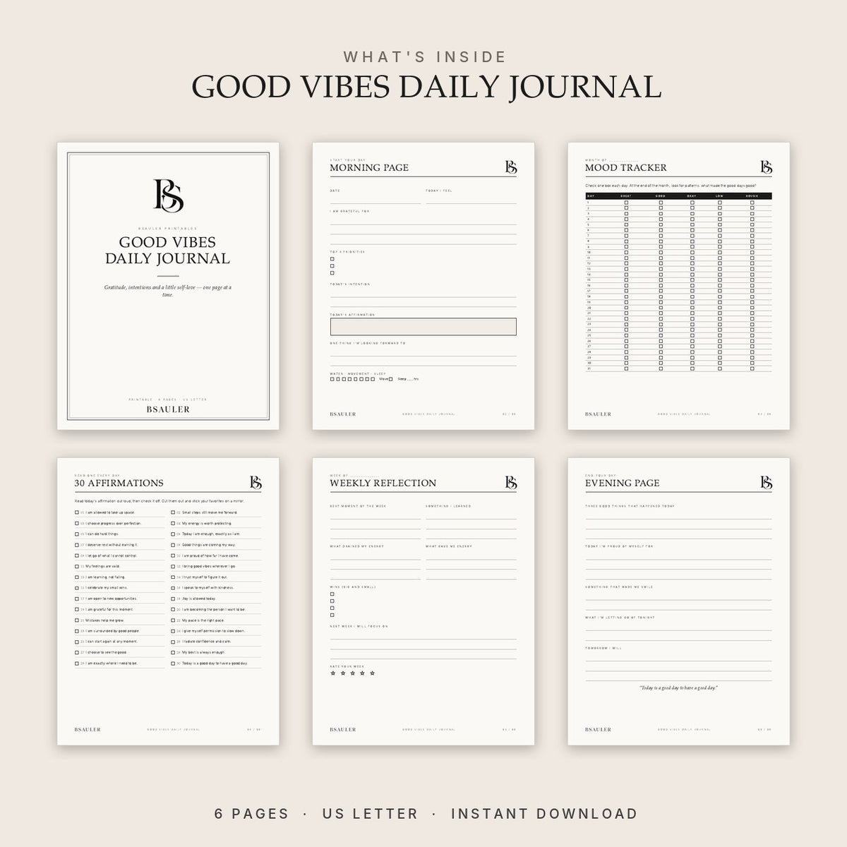 All 6 pages of the Good Vibes Daily Journal printable PDF