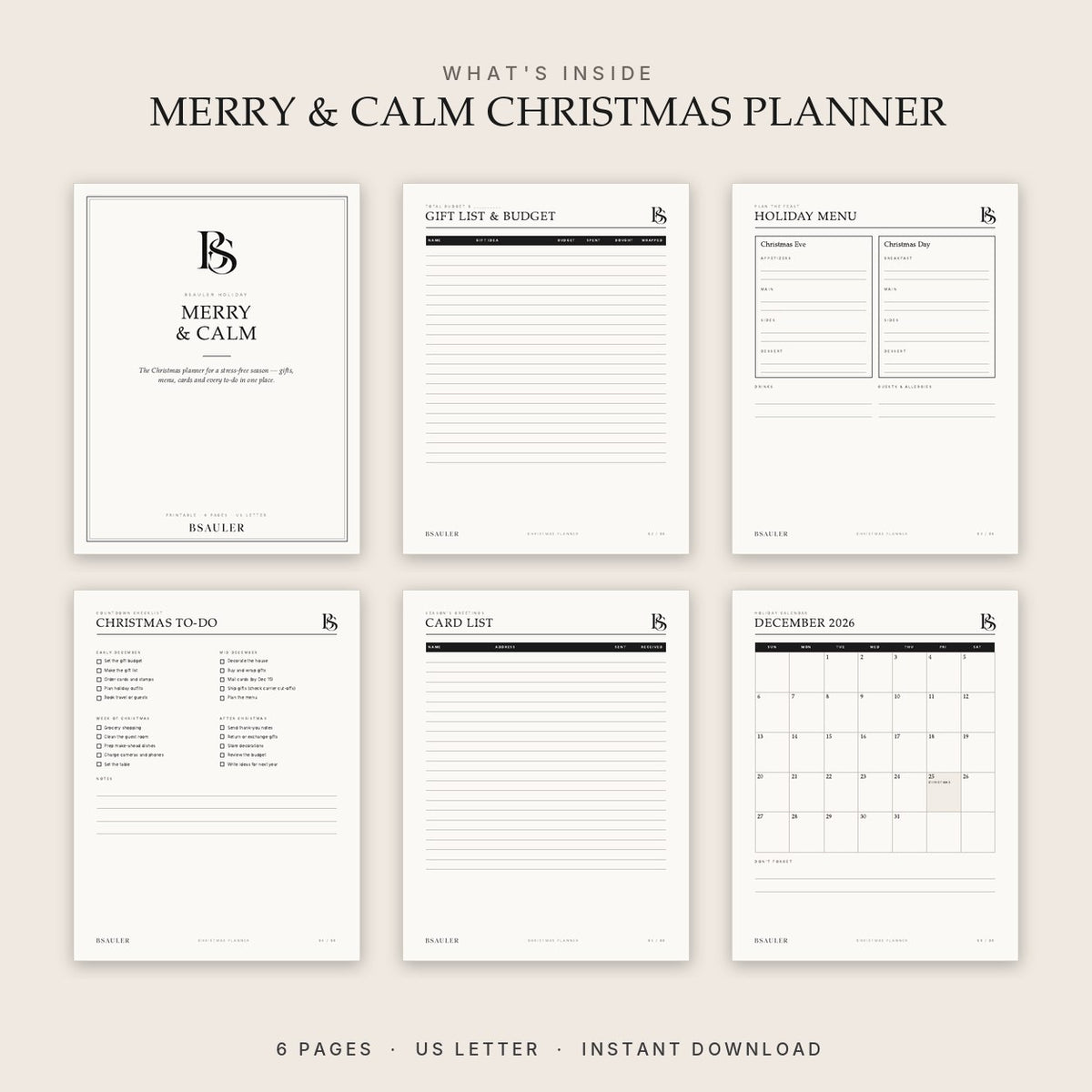 All 6 pages of the Merry & Calm Christmas planner printable PDF