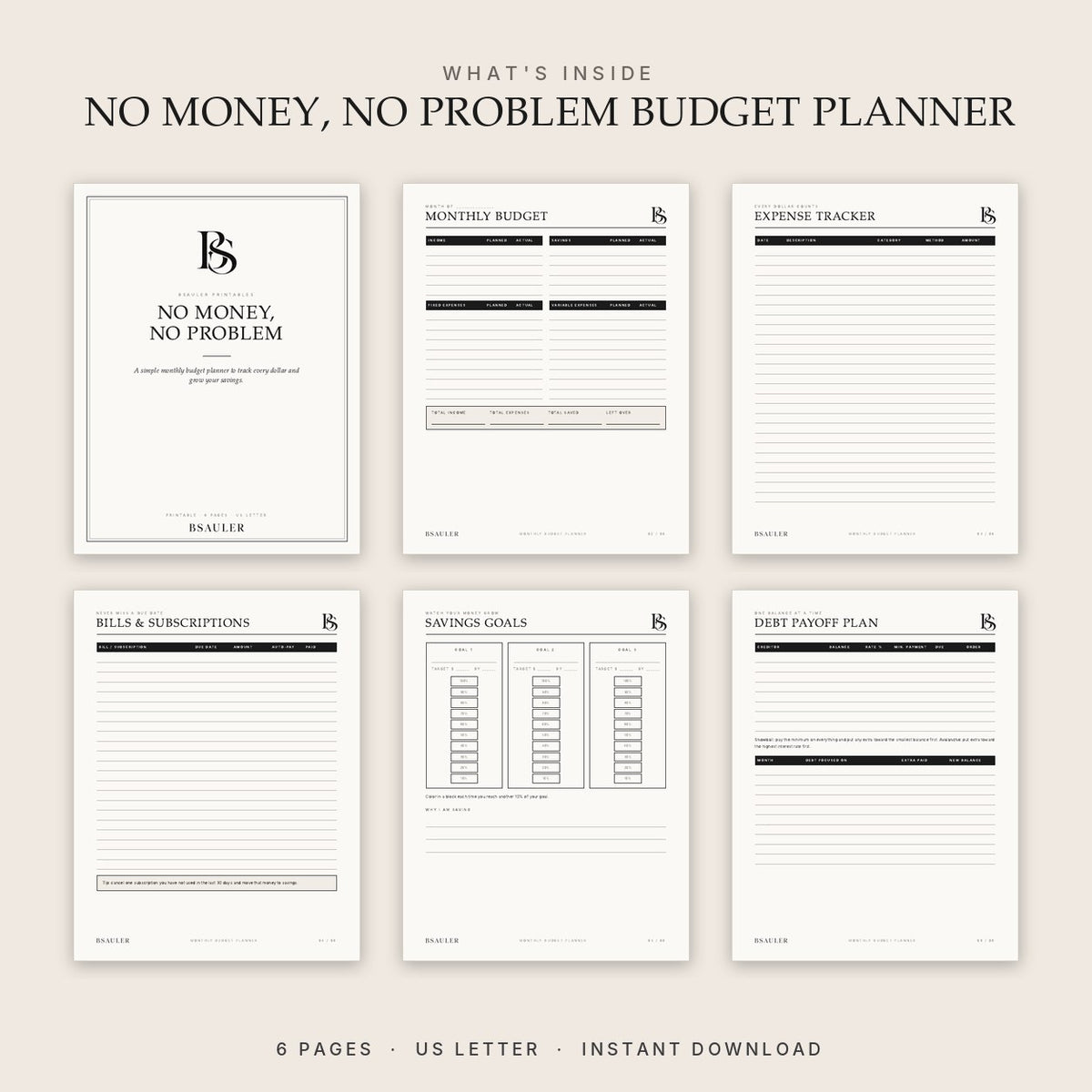 All 6 pages of the No Money, No Problem budget planner printable PDF