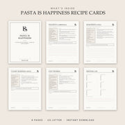 All 6 pages of the Pasta Is Happiness Italian recipe cards printable PDF