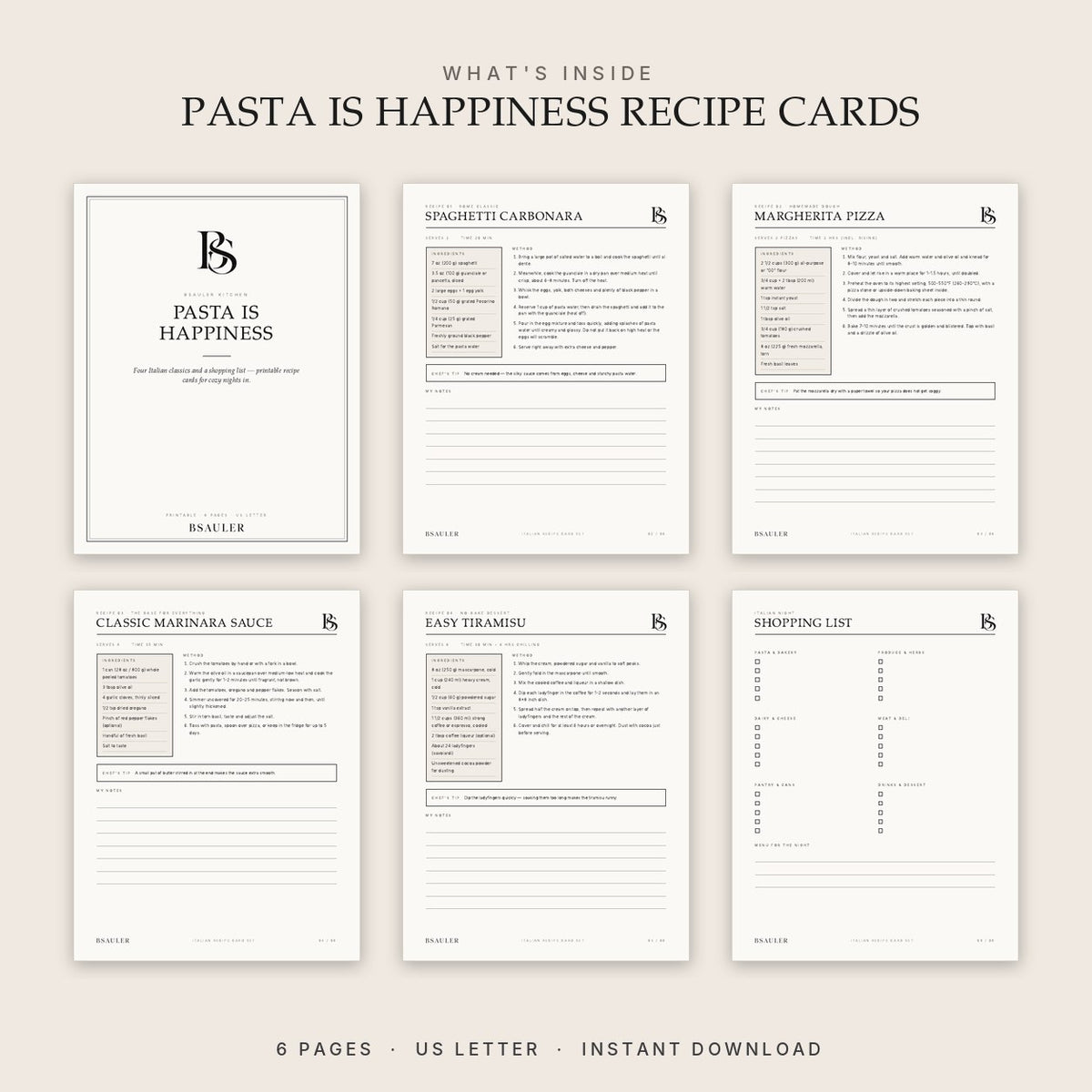 All 6 pages of the Pasta Is Happiness Italian recipe cards printable PDF