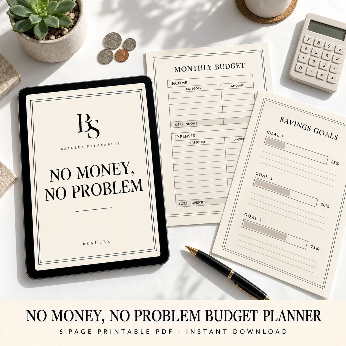 No Money, No Problem budget planner printable PDF by BSAULER shown on an iPad with printed pages