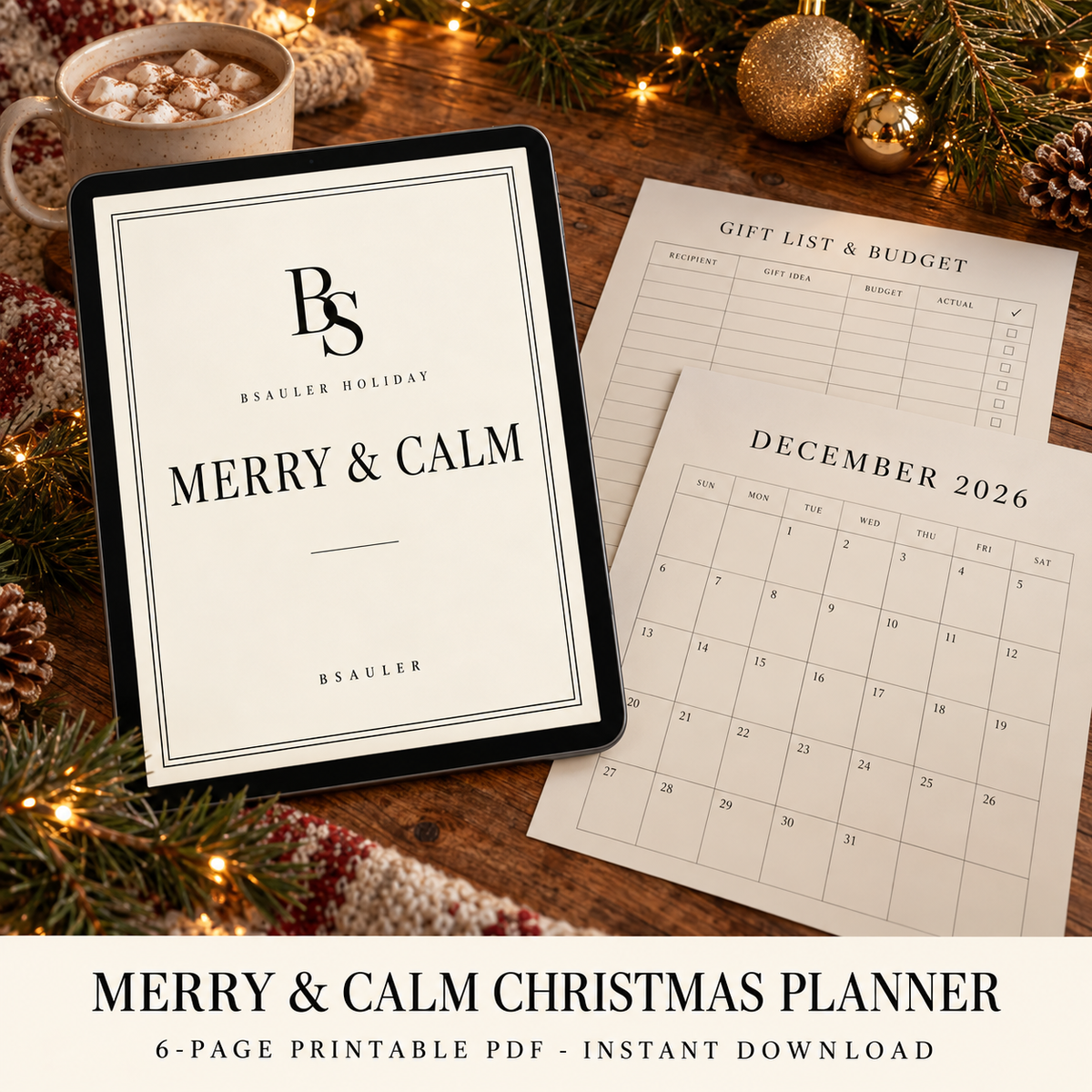 Merry & Calm Christmas planner printable PDF by BSAULER shown on an iPad with printed pages
