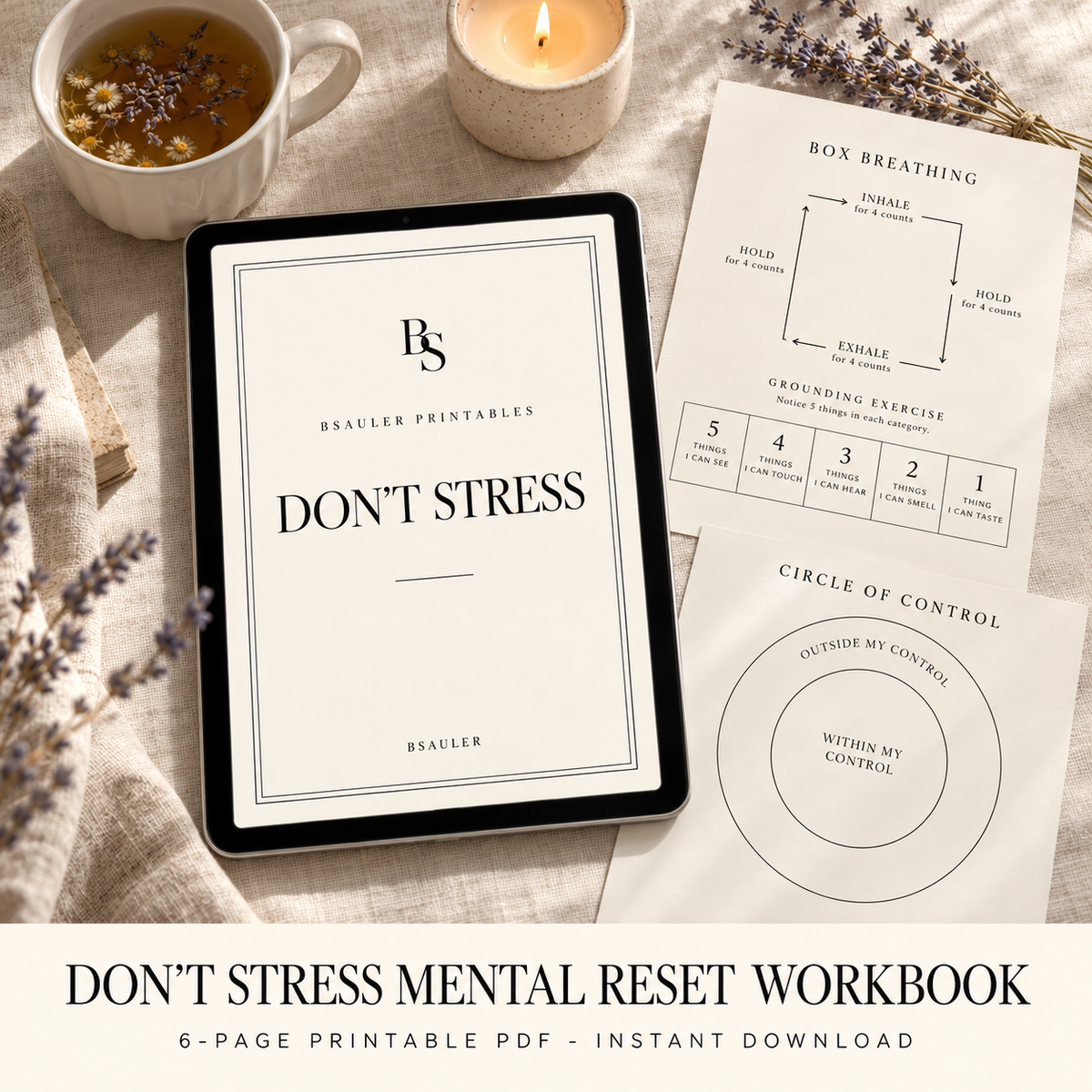 Don't Stress Mental Reset Workbook printable PDF by BSAULER shown on an iPad with printed pages