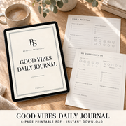 Good Vibes Daily Journal printable PDF by BSAULER shown on an iPad with printed pages