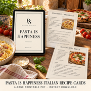 Pasta Is Happiness Italian recipe cards printable PDF by BSAULER shown on an iPad with printed recipe cards