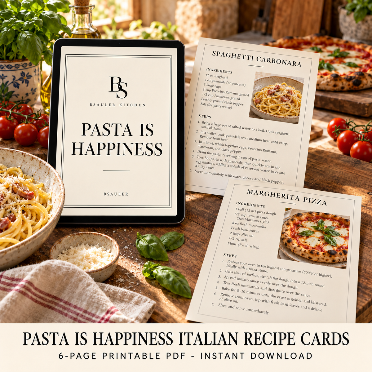 Pasta Is Happiness Italian recipe cards printable PDF by BSAULER shown on an iPad with printed recipe cards